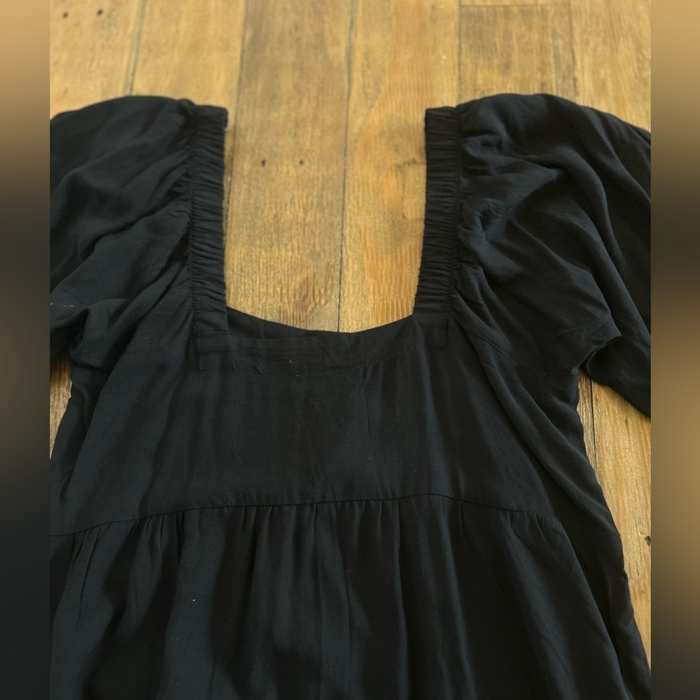 Shine Star Black Puff Sleeve Babydoll Mini Dress | Square Neck Boho Cottagecore - Picture 6 of 12